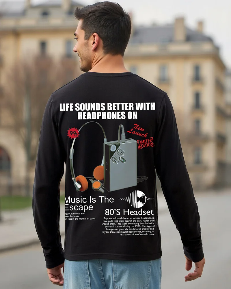 بيواكوف Men's Black Headphone Graphic Printed T-shirt